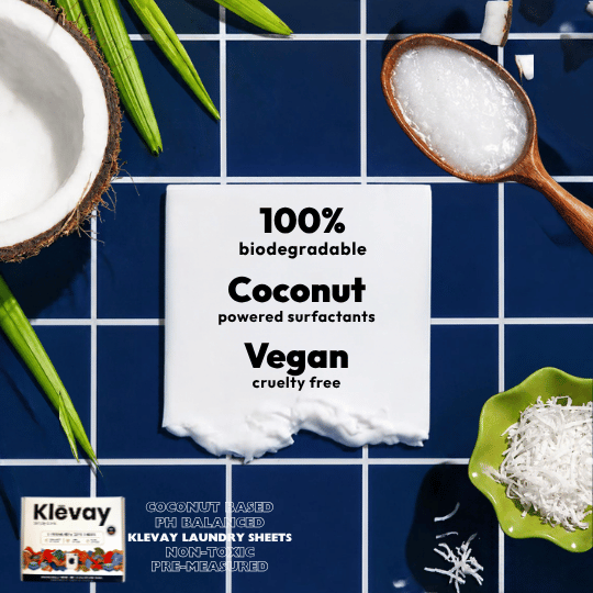 Ingredient card: coconut-derived and vegan formula in Klevay laundry sheets