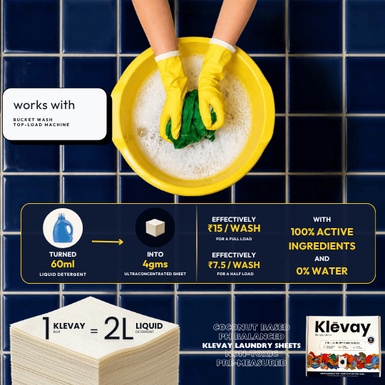 Klevay laundry sheets benefits graphic on a navy tile background with a gloved hand and sheet pack