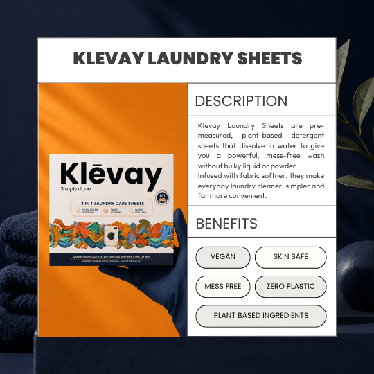 Klevay laundry detergent sheets product card with description and benefits