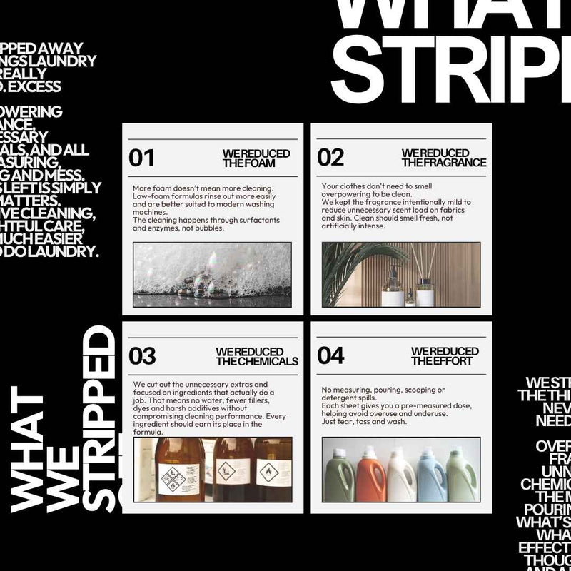 Infographic of what Klevay laundry sheets strip out versus liquid detergent