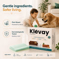 Family and a golden retriever at home with the Klevay floor cleaning sheets box, gentle ingredients