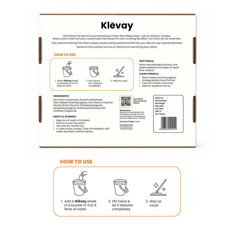 Back of the Klevay floor cleaning sheets pack showing usage instructions