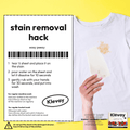 Stain removal hack card showing a white T-shirt and Klevay laundry sheets