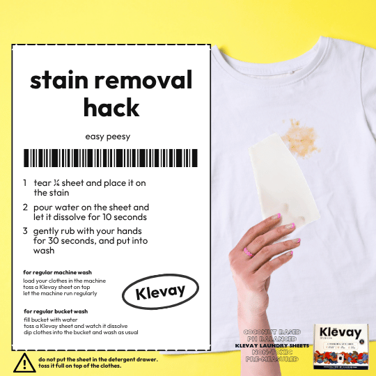 Stain removal hack card showing a white T-shirt and Klevay laundry sheets