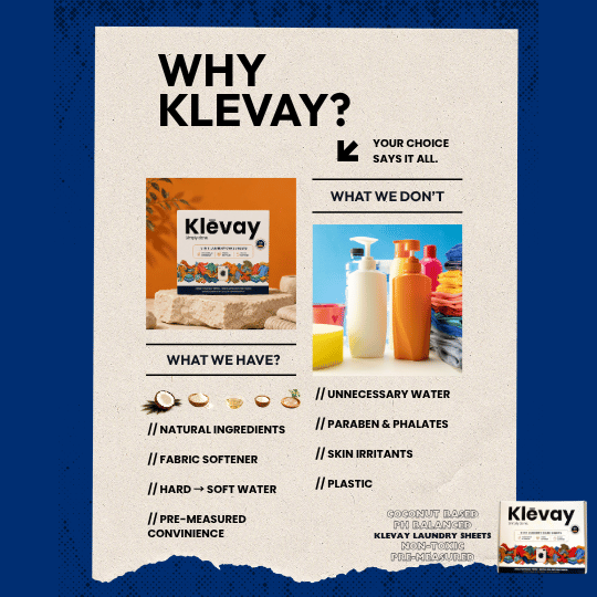 Why Klevay: comparison graphic for laundry sheets versus liquid detergent