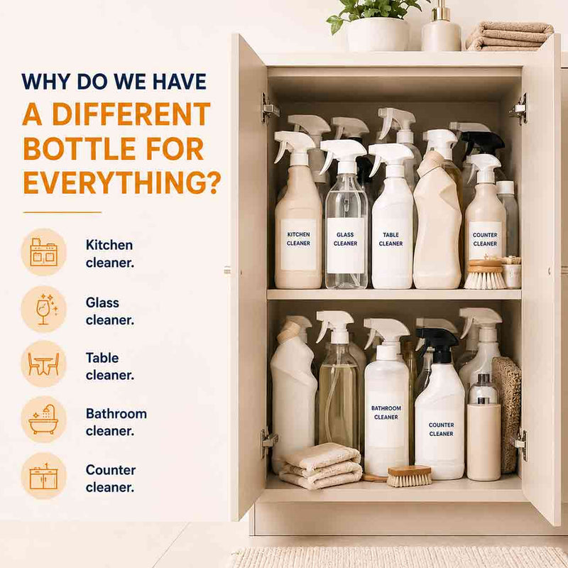 Cupboard of many cleaning bottles, showing why one cleaner is enough