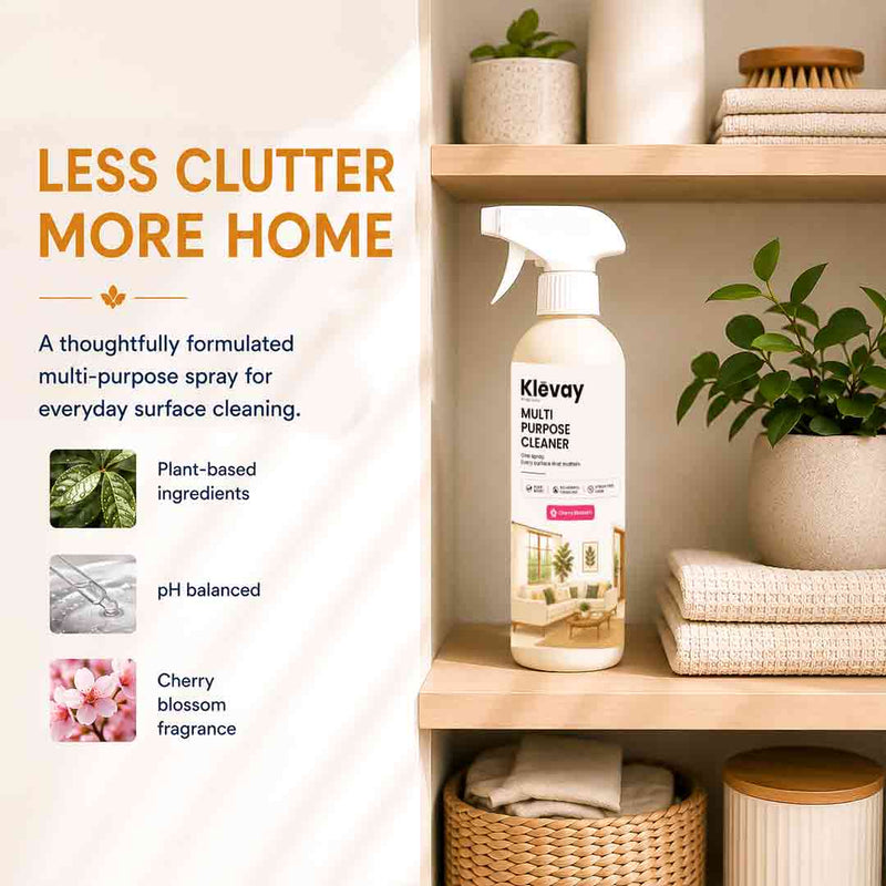 Graphic: one Klevay multi-purpose spray means less clutter in your cleaning cupboard