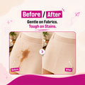 Before and after stain removal on white fabric using Klevay S.O.S. spray