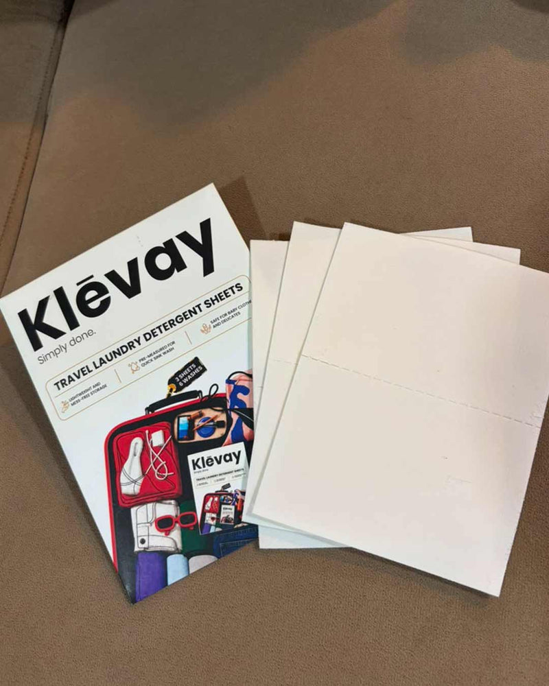 Klevay travel detergent sheets, 3 sheet pack, on a dark surface
