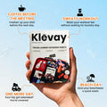 Hand holding a Klevay travel laundry pack envelope with travel benefits