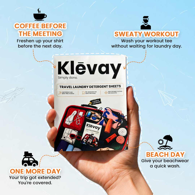 Hand holding a Klevay travel laundry pack envelope with travel benefits
