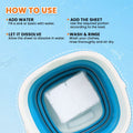 Klevay detergent sheet in a collapsible blue basin for hand washing while travelling