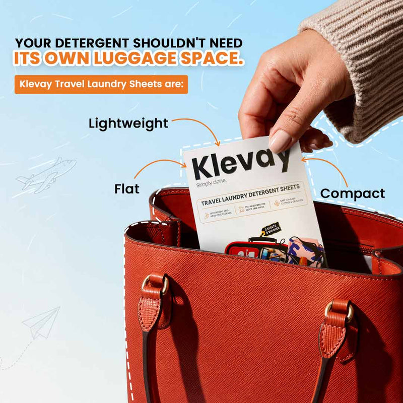 Klevay laundry sheets in a red handbag, lightweight and compact for travel